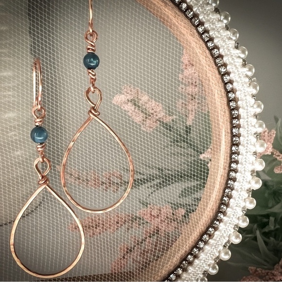 Hammered Copper Wire Wrap Earrings with Blue River Shell Beads - Picture 5 of 12